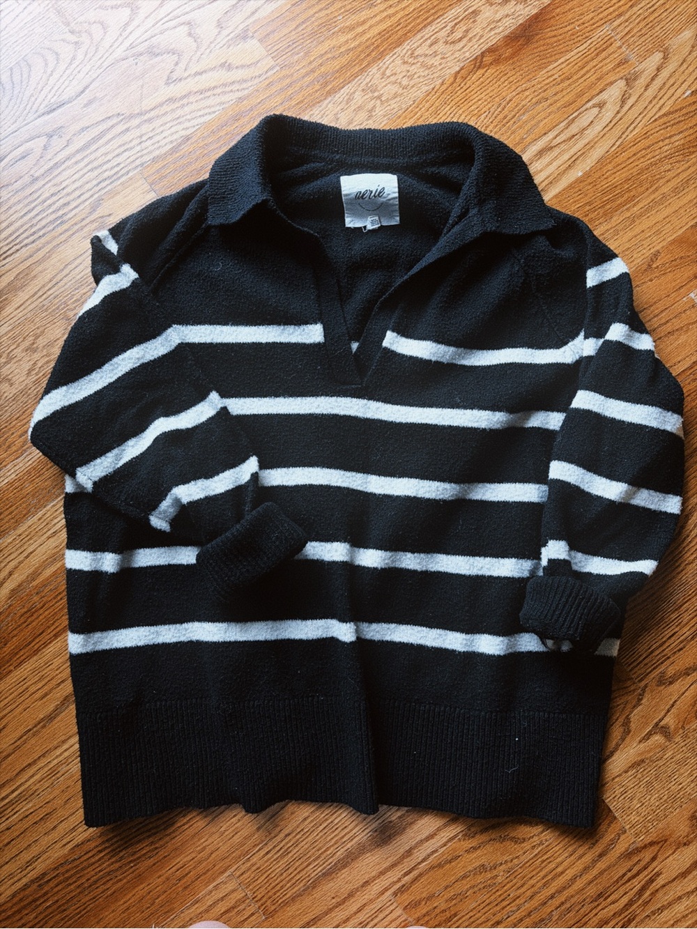 aerie Black and White Striped V-Neck Collared Sweater